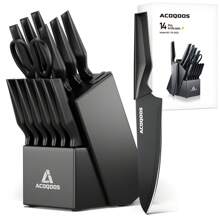 Set di 14 coltelli con blocco portacoltelli, con affilatore integrato, per uso in cucina - Set di coltelli da cucina nero di ACOQOOS