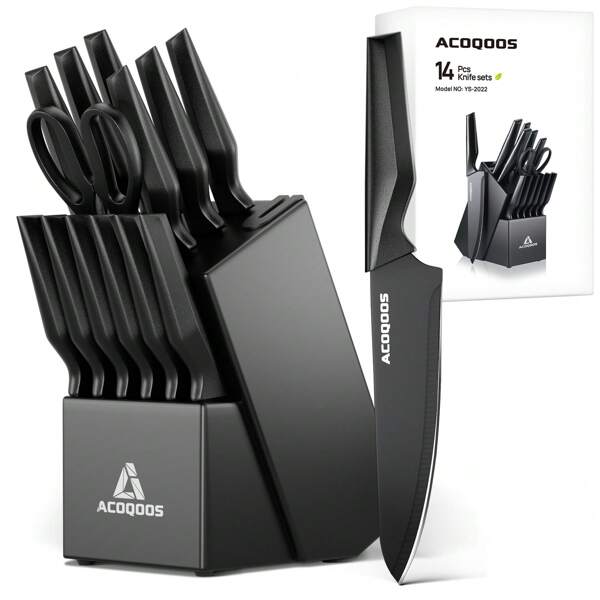 Set di 14 coltelli con blocco portacoltelli, con affilatore integrato, per uso in cucina - Set di coltelli da cucina nero di ACOQOOS