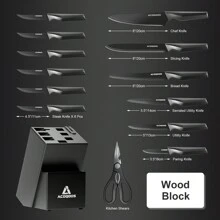 Set di 14 coltelli con blocco portacoltelli, con affilatore integrato, per uso in cucina - Set di coltelli da cucina nero di ACOQOOS