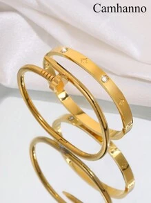 Camhanno 2 piezas de un elegante y de moda conjunto de pulsera de acero inoxidable con estampado de flor de ciruelo y flor de cuatro pétalos, adecuado para regalar a novias durante fiestas, San Valentín, mamá, madre, Día de la Madre - Dorado - Ver 11