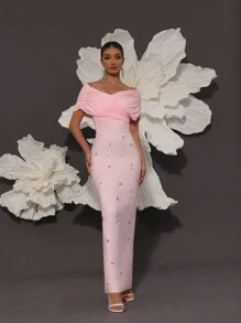 Off Shoulder Handmade Beaded Bodycon Bandage Dress, Sexy & Fitted, Suitable For Family Gatherings, Parties, Formal Events - Pink - View 1