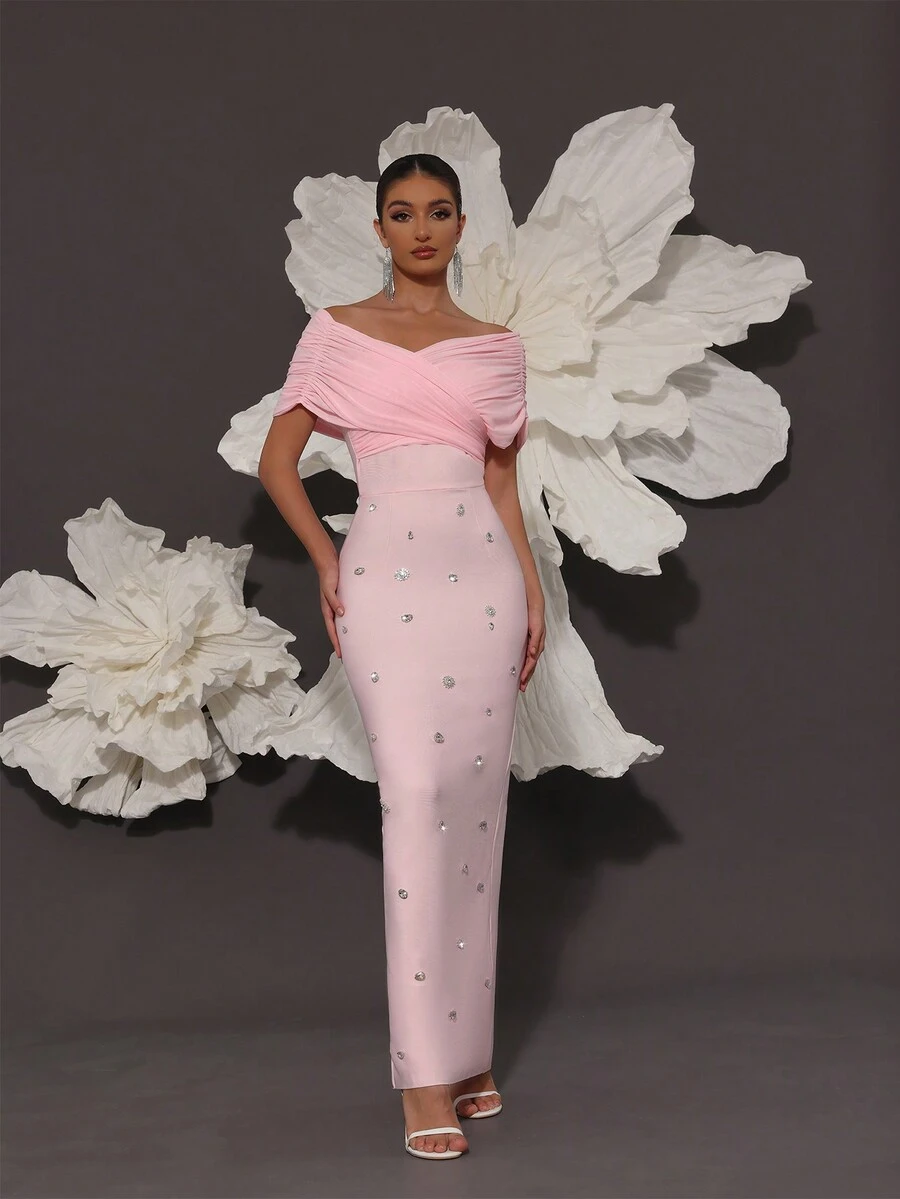Off Shoulder Handmade Beaded Bodycon Bandage Dress, Sexy & Fitted, Suitable For Family Gatherings, Parties, Formal Events - Pink - View 1