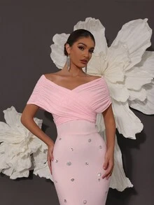 Off Shoulder Handmade Beaded Bodycon Bandage Dress, Sexy & Fitted, Suitable For Family Gatherings, Parties, Formal Events - Pink - View 8