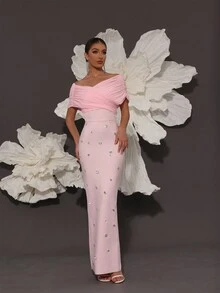 Off Shoulder Handmade Beaded Bodycon Bandage Dress, Sexy & Fitted, Suitable For Family Gatherings, Parties, Formal Events - Pink - View 3