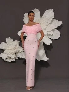 Off Shoulder Handmade Beaded Bodycon Bandage Dress, Sexy & Fitted, Suitable For Family Gatherings, Parties, Formal Events - Pink - View 5