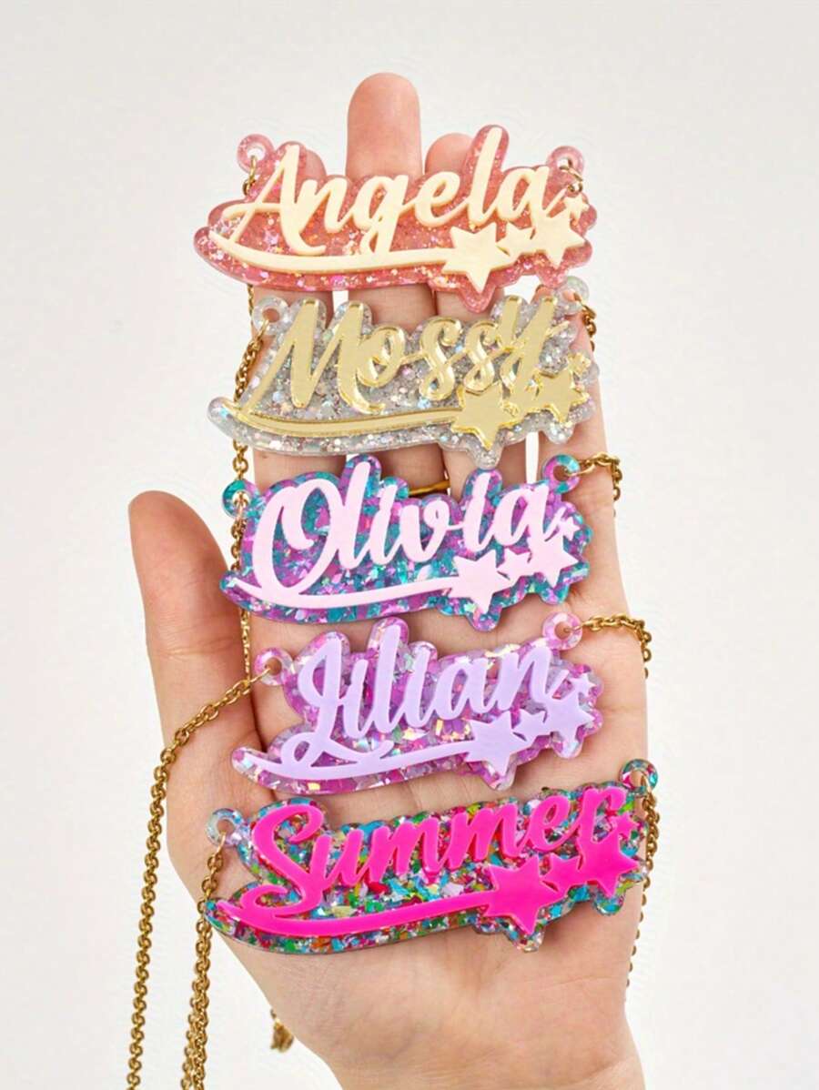 Customized Acrylic Pendant Necklace With Name And Star Design, Custom Gift, Birthday Gift Back To School Winter Gift Ideas Boy Girl Valentine's Day - Gold - View 1