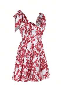 Vestido línea A sin mangas con estampado floral, cuello con abertura y detalle de lazo para el Día de San Valentín