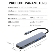 NADODO USB-C 集线器，7 合 1 USB C 集线器至 4K 60Hz 高清电视，100W PD 端口 USB 分配器用于充电，高清电视适配器 SD/TF 读卡器，USB 2.0 集线器，适用于笔记本电脑 Air HDTV Pro 的 USB 集线器，更多 C 型设备 - 灰色 - 查看 3