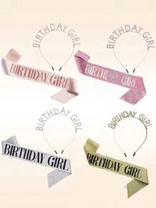 1pc Girl's Happy Birthday Shiny 3D Headband Ribbon Set For Birthday Party