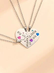 ATLVXJL 3 件/套好朋友姐妹字母细节大姐姐和中姐姐和小妹妹夜光在黑暗中成长爱心装饰不锈钢首饰套装银色吊坠项链适合女性爱人节日礼物 - 彩色 - 查看 2