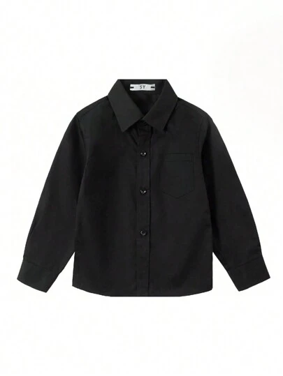 3-10岁男童长袖衬衫，婚礼正装，派对衬衫，带口袋，黑色