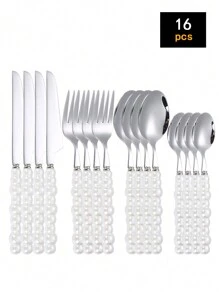 16 pièces Set de vaisselle en céramique avec manches en acier inoxydable et perles, 4 pièces de couverts principaux - couteau, fourchette, cuillère
