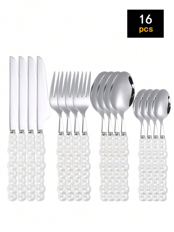 16 pièces Set de vaisselle en céramique avec manches en acier inoxydable et perles, 4 pièces de couverts principaux - couteau, fourchette, cuillère