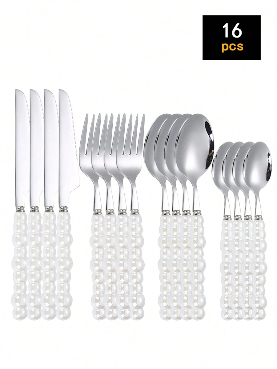 16 pièces Set de vaisselle en céramique avec manches en acier inoxydable et perles, 4 pièces de couverts principaux - couteau, fourchette, cuillère