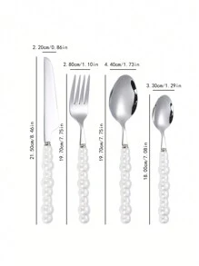 16 pièces Set de vaisselle en céramique avec manches en acier inoxydable et perles, 4 pièces de couverts principaux - couteau, fourchette, cuillère