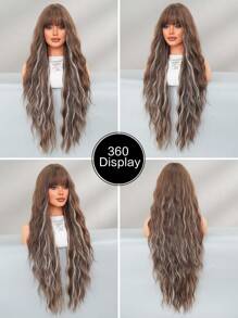 NICKY WALL 36 Inch Extra Long Brown Wavy Wig For Fashion Women Curly Wig With Bangs Highlight White Hair High Quality Heat Resistant Fiber Natural Synthetic Fluffy Wig For Girls Daily Party Cosplay Use