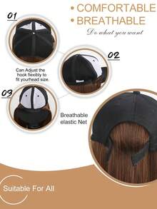 女士棒球帽带接发可调节帽子 26 英寸合成假发长直发时尚假发黑色棒球帽 - Light Brown - 查看 7