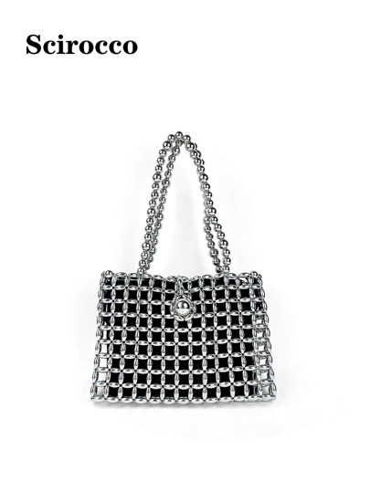 New Creative Acrylic Vintage Silver Hollow Handmade Beaded Pearl Decor Commuting Shoulder Bag