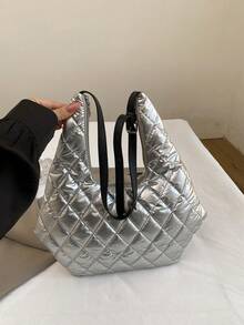 新款女士休闲大容量手提包欧美风高端感单肩手提包腋下通勤手提包 - 銀色 - 查看 3