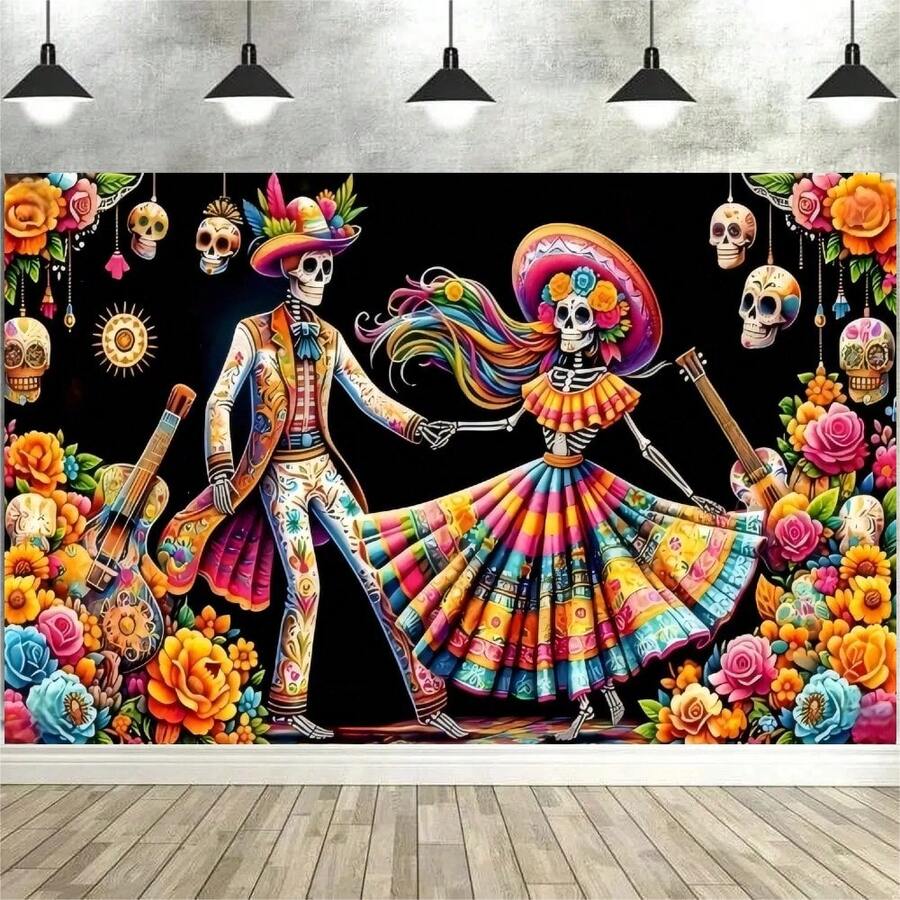 1 件骷髅球派对背景横幅，骷髅花亡灵节派对装饰，派对摄影背景，适用于室内/室外装饰、家居、花园、庭院装饰、通用主题 - 彩色 - 查看 1