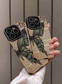 Animal 1pc Newspaper Print Butterfly Pattern Vertical Striped Faux Leather Anti-Drop Anti-Fingerprint Shock-Proof Phone Case Compatible With Iphone And Models - Multicolor - View 4