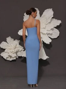 Handmade Beaded One Shoulder Knit Bandage Bodycon Dress, Elegant For Family Gatherings, Parties, And Evening Occasions - Blue - View 8