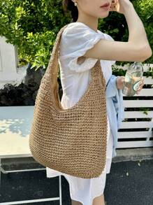 Baila Morena Women's Straw Tote Bag Beach Large Braided Shoulder Strap Striped Reinforced With Zipper - Màu Khaki - Xem 1