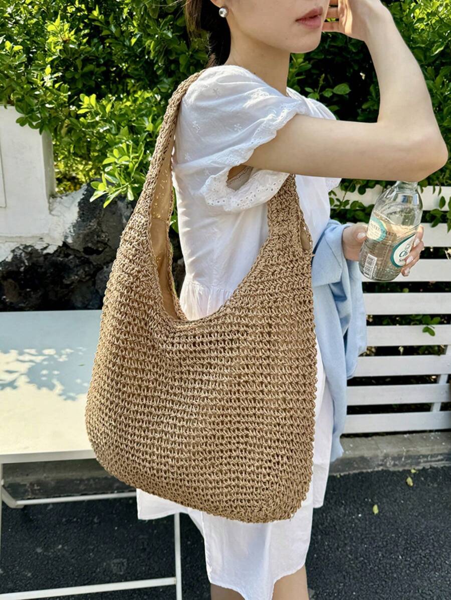 Baila Morena Women's Straw Tote Bag Beach Large Braided Shoulder Strap Striped Reinforced With Zipper - Màu Khaki - Xem 1