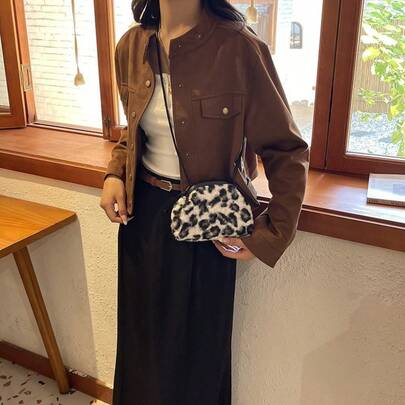 Women's Solid Color Leopard Print Plush Crossbody Bag, Minimalist Fashion Underarm Bag, Handbag, Shoulder Bag