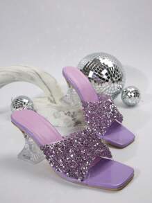 Dép cao gót mùa hè mới cho nữ, Giày cao gót đính pha lê tím, Giày cao gót pha lê thời trang, Phù hợp với nhiều dịp khác nhau, Giày cao gót tím cho ngày lễ tình nhân - Màu tím - Xem 2
