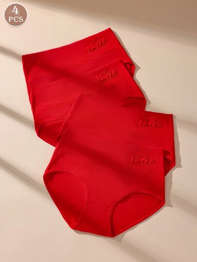 4pcs Christmas Red 100% Cotton Hipster Women Panties, 3D Embossed Print, Stretchy Soft Breathable Plus Size Underwear