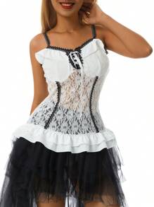 Women Street Shirt, Sleeveless V Neck Lace Floral Bow Slimming Casual Party Ruffle Suspender Tops - White - View 4
