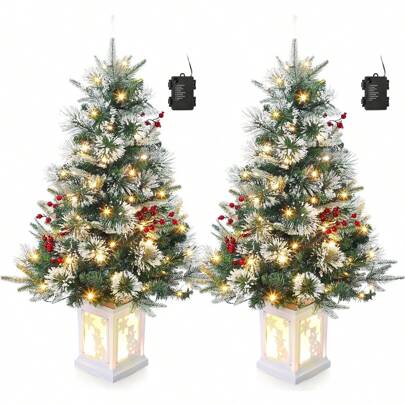 2-Pack 3FT Mini Christmas Tree With 70 Warm White LED Lights - Pre-Lit Xmas Pine Tree With 8 Lighting Modes For Home, Office, And Party Decoration With Snowma Christmas Decorations Home Christmas Gifts Christmas Decor