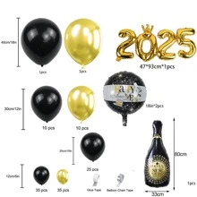 Decoraciones para fiesta de Año Nuevo 2025, globos de Feliz Año Nuevo, globos en forma de botella, globos redondos de papel de aluminio, bandera de Año Nuevo, globos de látex negro, dorado y rojo, para la celebración de Fin de Año, cumpleaños y boda