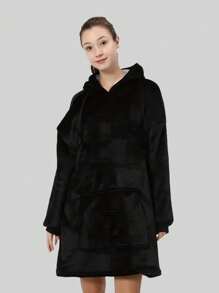 1件男女通用加厚抓绒套头连帽衫，保暖睡衣家居服，适合秋冬季节，蓬松柔软 - 黑色 - 查看 7