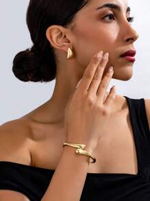 3 pièces/set Ensemble de bijoux mode minimaliste en métal, avec bracelet, bague et boucles d'oreilles clous à forme géométrique lisse en larme