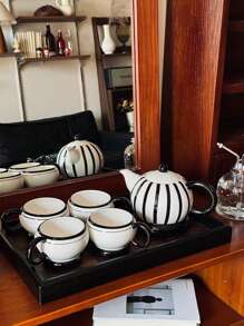 1套1茶壶2杯/1茶壶4杯，原创设计黑色条纹陶瓷茶壶套装，黑色底座矮茶壶杯，适用于花茶、下午茶、咖啡、家居茶具、乔迁礼物 - 彩色 - 查看 2