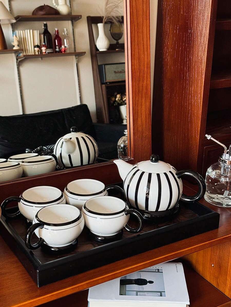 1套1茶壶2杯/1茶壶4杯，原创设计黑色条纹陶瓷茶壶套装，黑色底座矮茶壶杯，适用于花茶、下午茶、咖啡、家居茶具、乔迁礼物