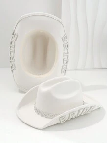 1PC Women's White Solid Color Shiny Wide-Brimmed Cowboy Hat. 2024 Wedding Essentials,Unique Luxurious Crystal Square Small Bright Diamond Colored Gemstone Paired Eye Shape With Faux Pearl Letter 'BRIDE' Bridal Hat.