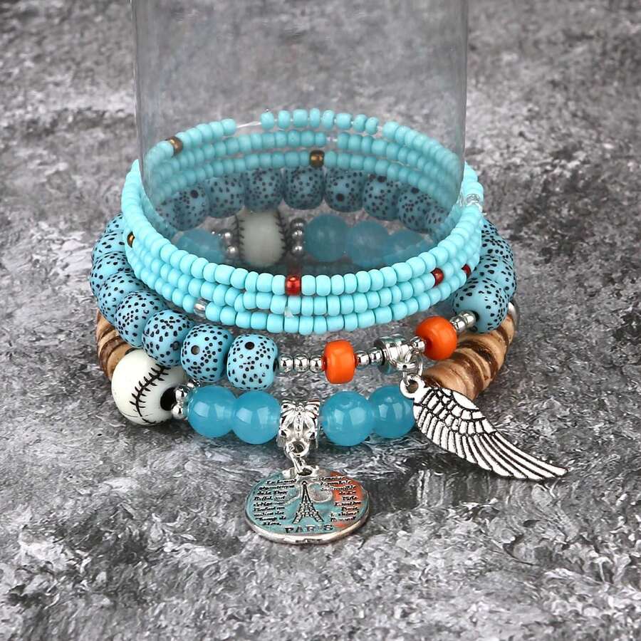女士多层彩色串珠手链，波西米亚风格埃菲尔铁塔和翼设计 - 湖藍 - 查看 1