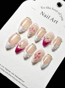 10 件手工 3D 雕刻贝壳纹理法式美甲仿珍珠杏仁形指甲贴纸套装按压式指甲美甲用品指甲