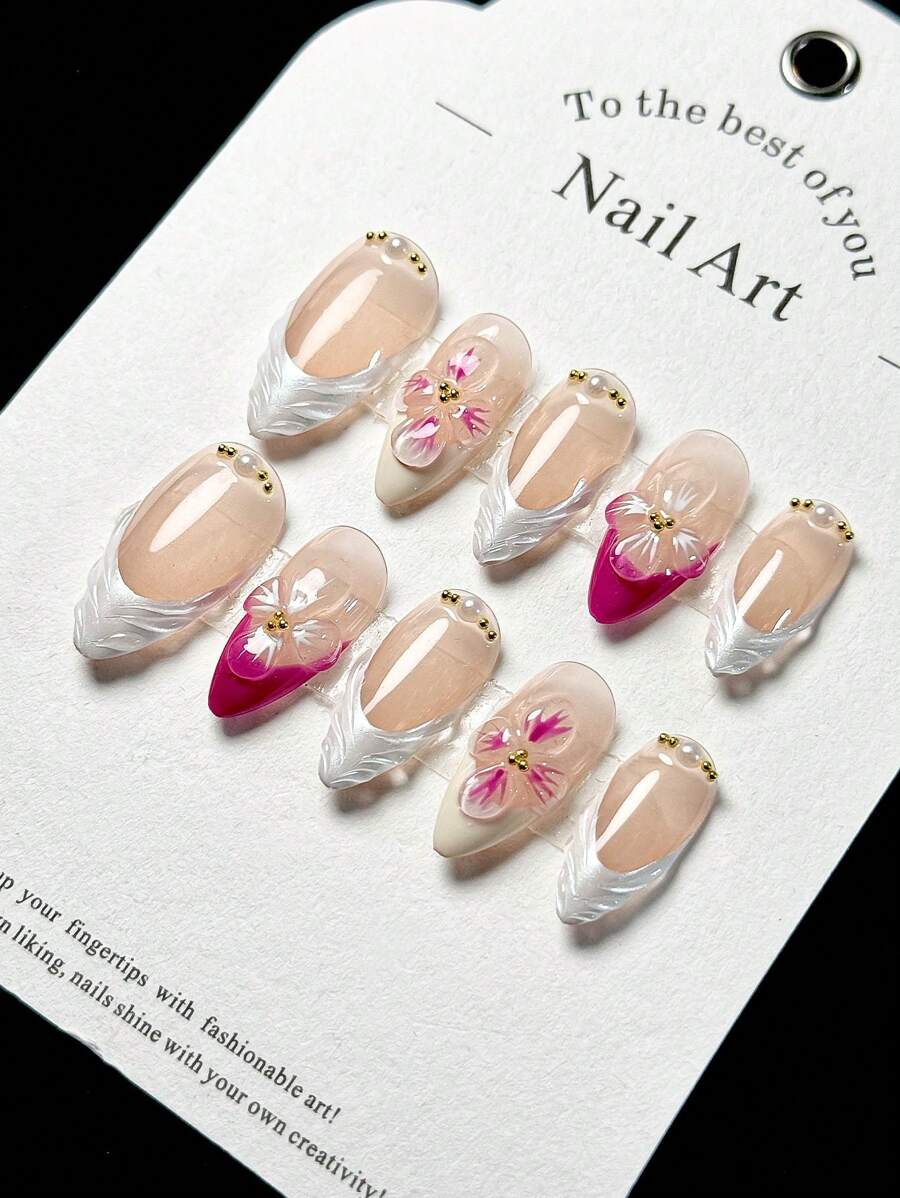 10 件手工 3D 雕刻贝壳纹理法式美甲仿珍珠杏仁形指甲贴纸套装按压式指甲美甲用品指甲
