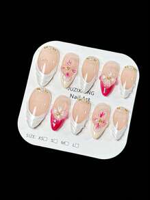 10 件手工 3D 雕刻贝壳纹理法式美甲仿珍珠杏仁形指甲贴纸套装按压式指甲美甲用品指甲