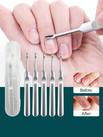 YUANDU 1/5 件不锈钢角质层去除器，银色死皮角质层推刀修剪器修脚指甲工具加厚凹柄推刀指甲工具，方便携带，带收纳盒