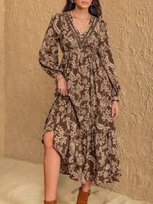 Rusttydustty Cyber Monday Christmas Halloween New Year's Wear Party Bohemian Women Multi Color Floral V-Neck Lace Dress New Year Wedding Season Coachella Music Festival Holiday