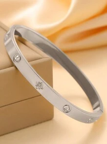 1pc Fashion Minimalist Octagonal Star Zirconia Stainless Steel Bangle Set For Women, Suitable For Daily Wear And As Gift For Friends - Silver - View 3