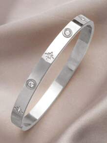 1pc Fashion Minimalist Octagonal Star Zirconia Stainless Steel Bangle Set For Women, Suitable For Daily Wear And As Gift For Friends - Silver - View 2