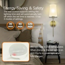 Daoteper Battery Operated Wall Sconce Set Of 2 With Remote Control,White Fabric Shade Wall Lights With Dimmable 15 RGB Rechargeable Wireless Sconces For Bedroom Living Room Hallway - Vàng - Xem 5