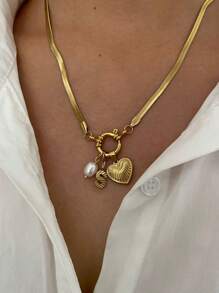 Monlansher 1 件不锈钢扁平蛇链项链，带字母、心形和锚饰物，26 个字母，时尚多层吊坠项链，适合女士情人节、妈妈、母亲、母亲节、礼物