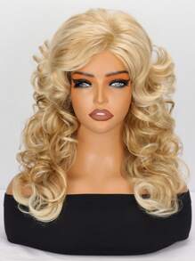 18 Inch Long Curly Wave Wig 1 PC Golden Wig With Bang Synthetic Wig 150% High Density Heat Resistant Fiber Breathable Rose Net Cap Versatile For Daily Wear And Halloween Party - Gold - View 3